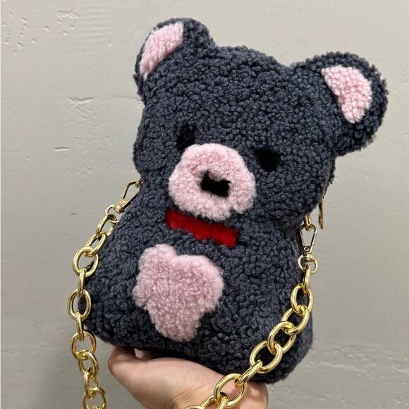Gray Teddy Bear Purse, Handmade Colorblock Real Shearling Crossbody/Phone Pouch - Picture 9 of 16
